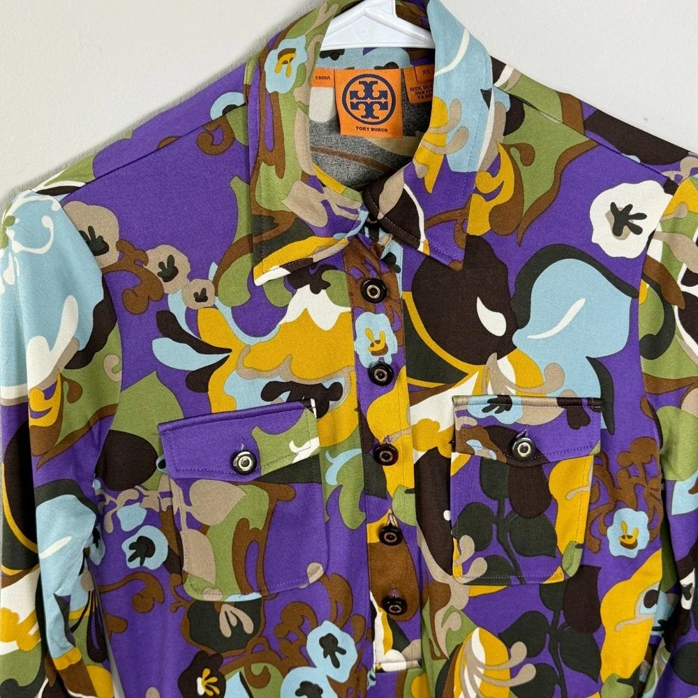 Tory Burch Silk Blouse Women XS Purple Bold Retro Mod‎ Floral Long Sleeve Top